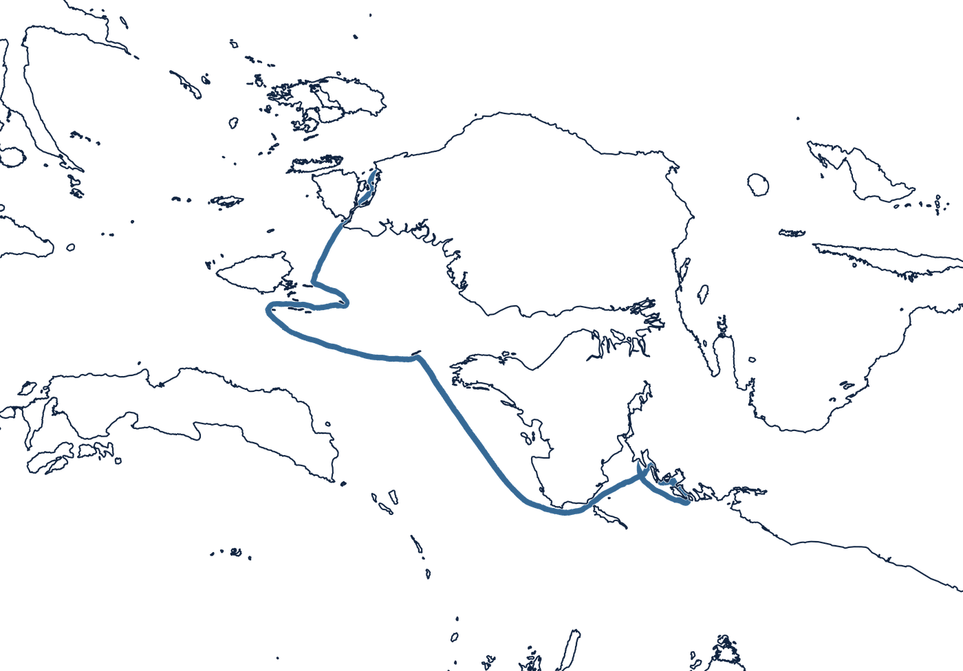 Route of Tale of Two Papuas, from Kaimana along the Papuan coast to Sorong.