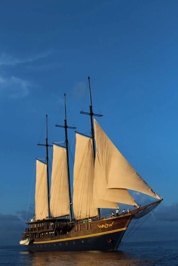 The original WAOW sailing on a calm sea under a blue sky