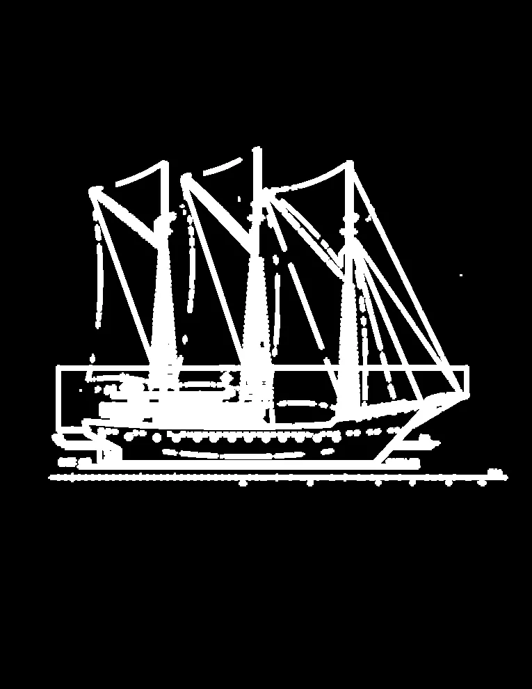 White line drawing of a three-masted schooner's side profile on a navy background