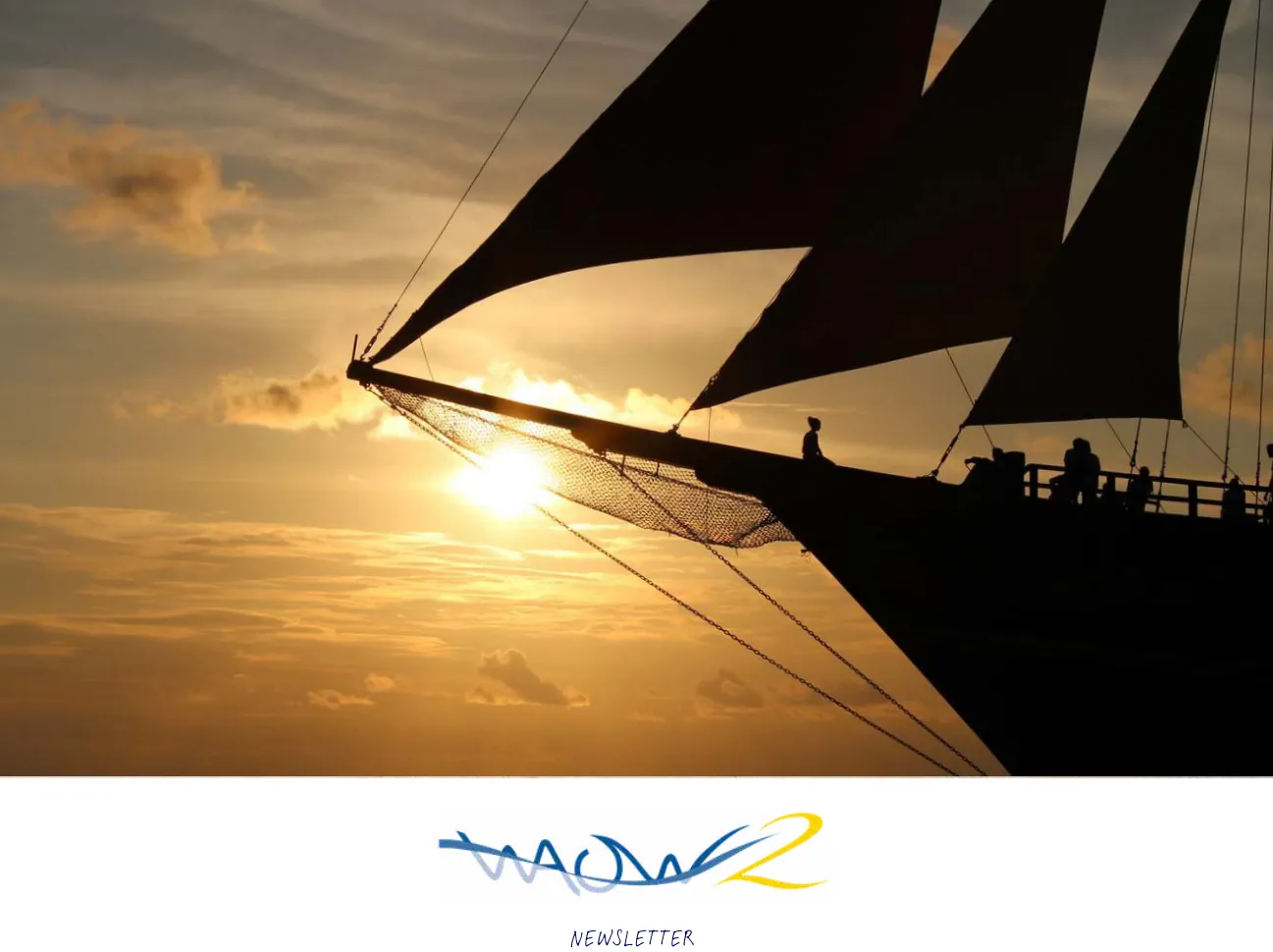 Silhouette of a sailing ship's bow, net and sails against the setting sun
