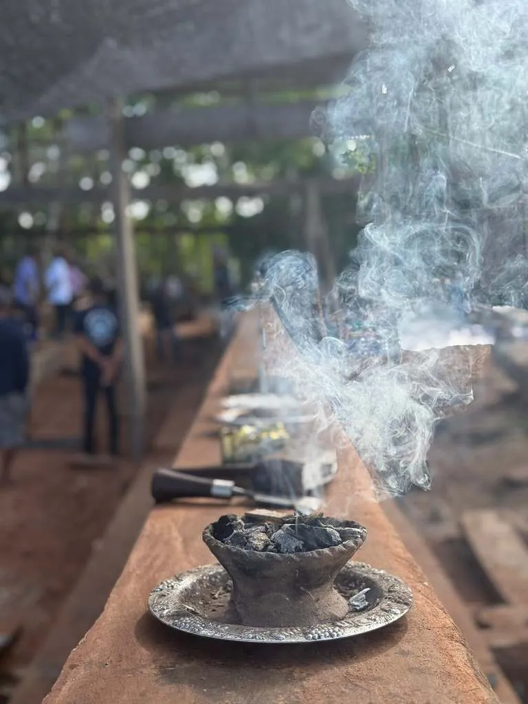 Smoking incense burner on the keel timber during the ceremony