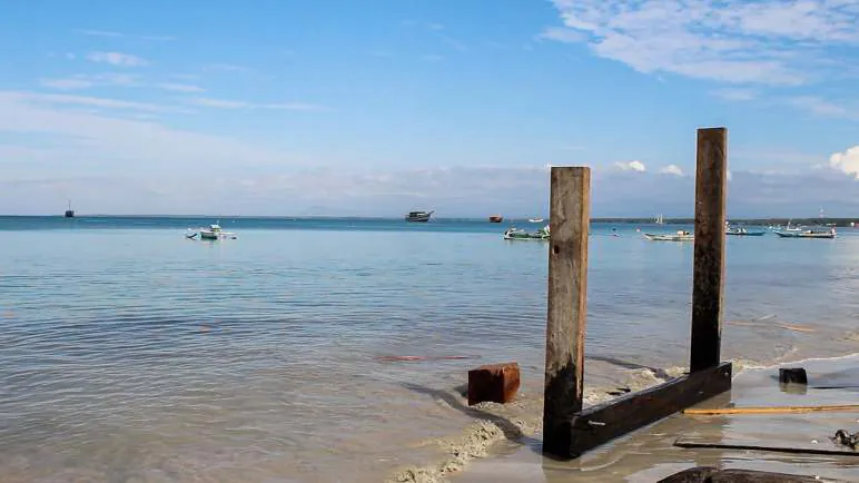 Wooden posts at the water's edge on the beach at Bira