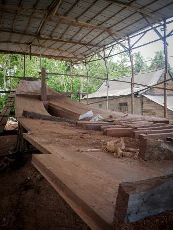 The keel and first timbers laid out in the shed