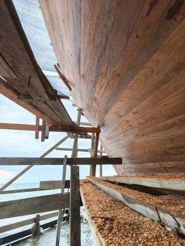 The curved hull planking seen from below