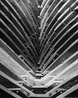 Black-and-white view of the ribs converging at the keel