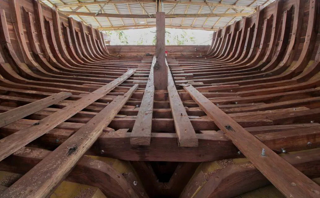 Inside the hull: the keelson laid along the keel between the ribs