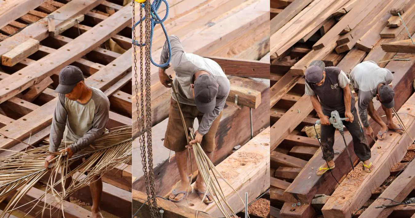 Shipbuilders drilling through the hull and using dry palm leaves to mark the holes