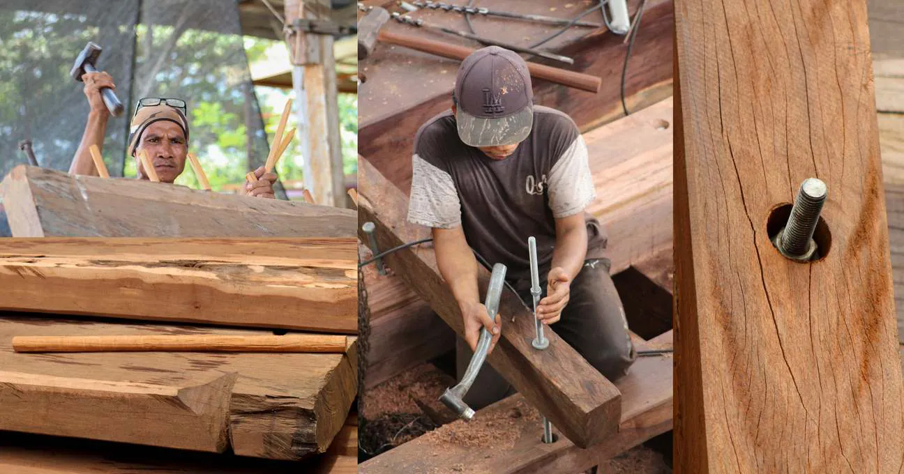 Shipbuilders hammering treenails, with a bolt through a timber