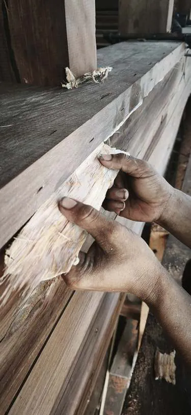 Hands driving natural fibre into a seam between hull planks