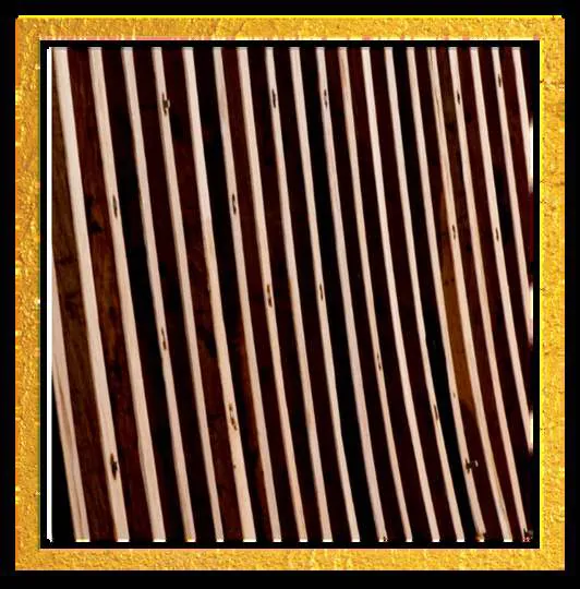 Rows of curved wooden frames, in a gold frame