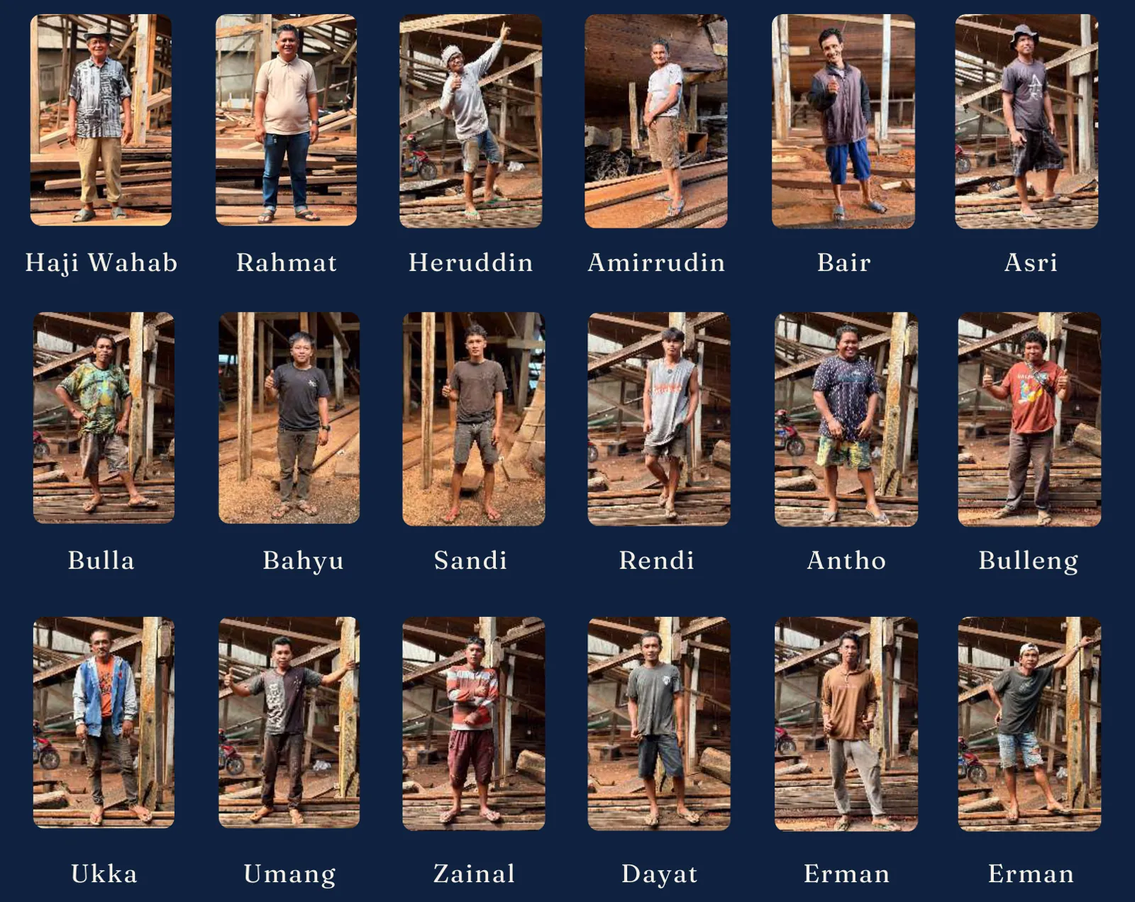 Portraits of the eighteen craftsmen of Haji Wahab's team at the Bira shipyard, with their names