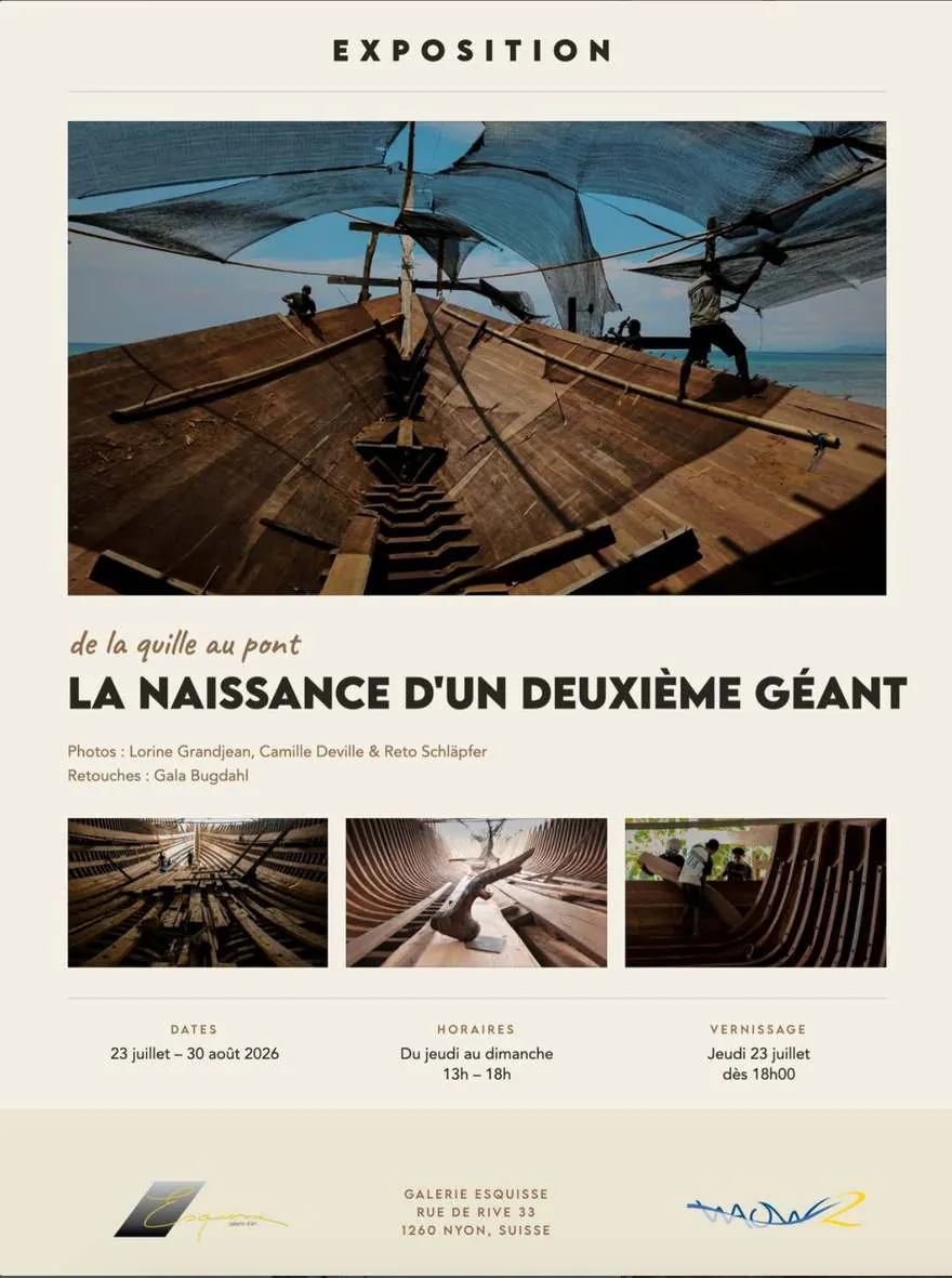 Poster for the exhibition 'From keel to deck – Birth of a second giant' at Galerie Esquisse, Nyon, July 23 to August 30 2026, open Thursday to Sunday 1pm–6pm