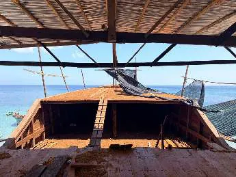The upper deck of WAOW 2 seen from the bow, with the sea in the background