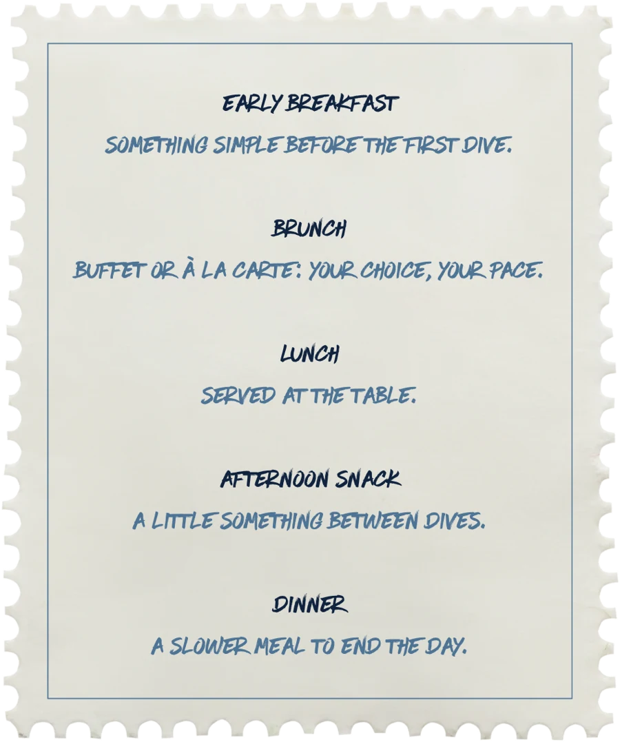 Our daily rhythm at the table: early breakfast, brunch, lunch, afternoon snack, dinner.