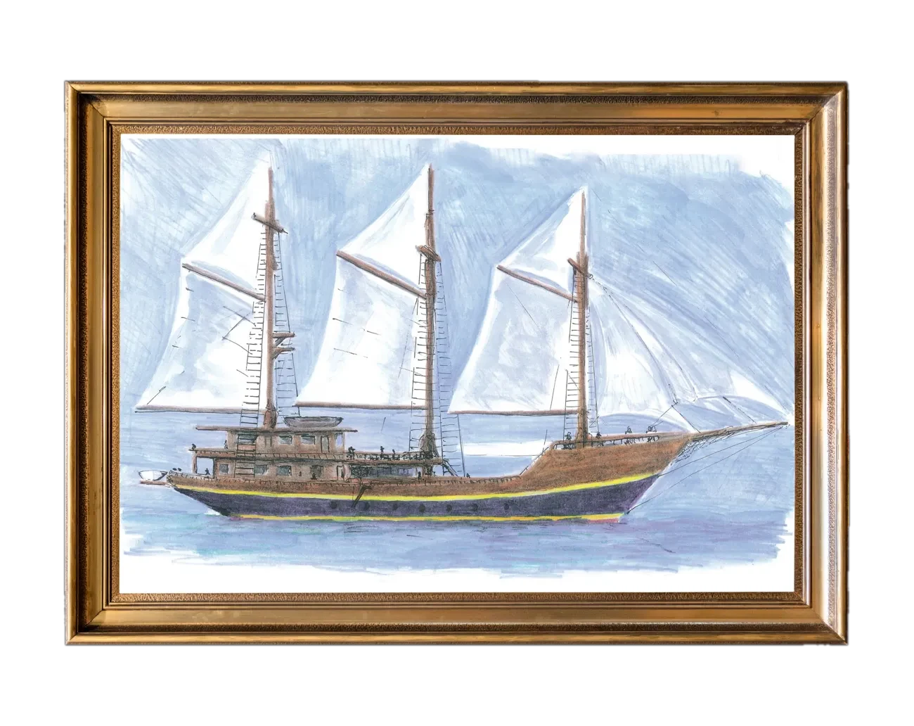 A watercolour drawing of WAOW, a three-masted wooden schooner, in a gilded frame.