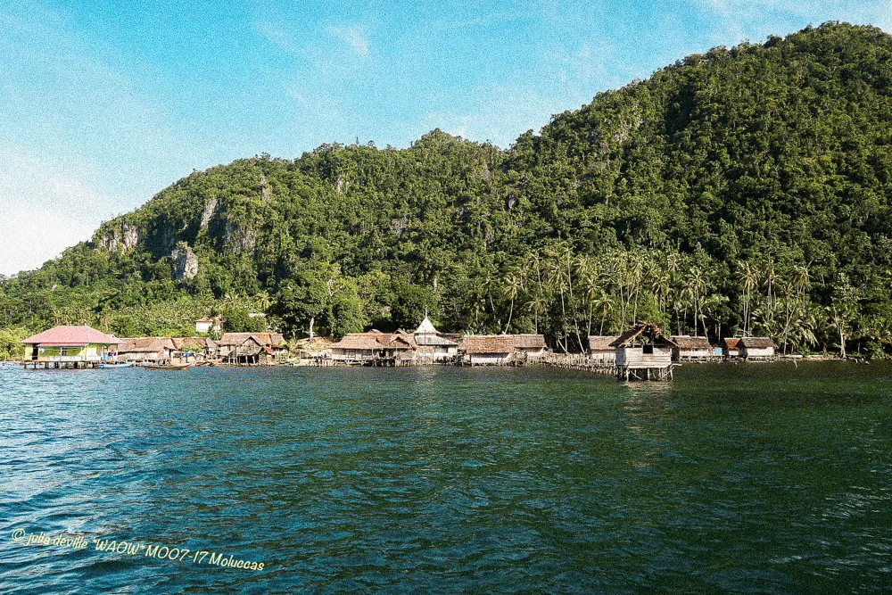 A village on stilts at the foot of a forested hillside.