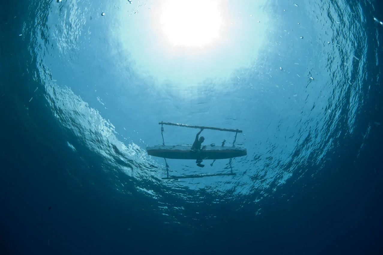 An outrigger canoe seen from below against the sun.